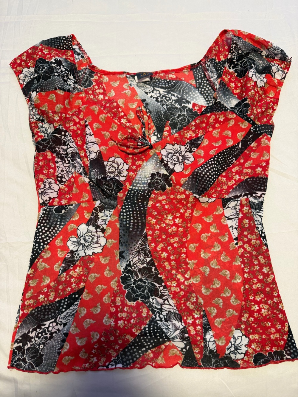 Red Floral Patchwork Mini Skirt with Tie-Waist